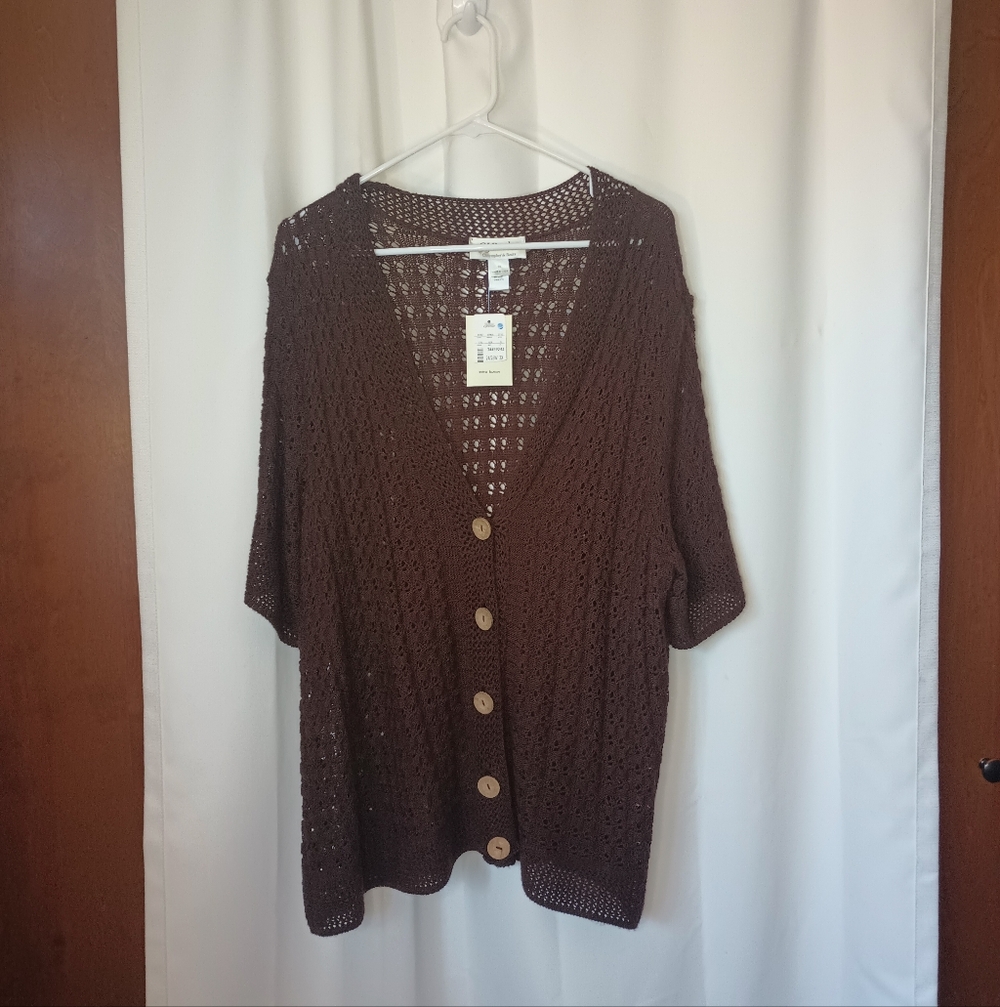 CJ Banks 3X Crochet Open Knit Cardigan Short Sleeve Brown Boho Beach Forest NWT